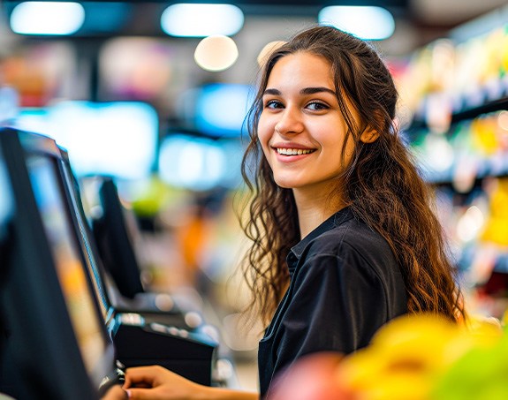 Smiling cashier at grocery store