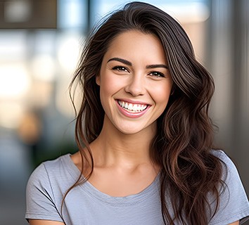 Closeup of woman in grey shirt smiling outside